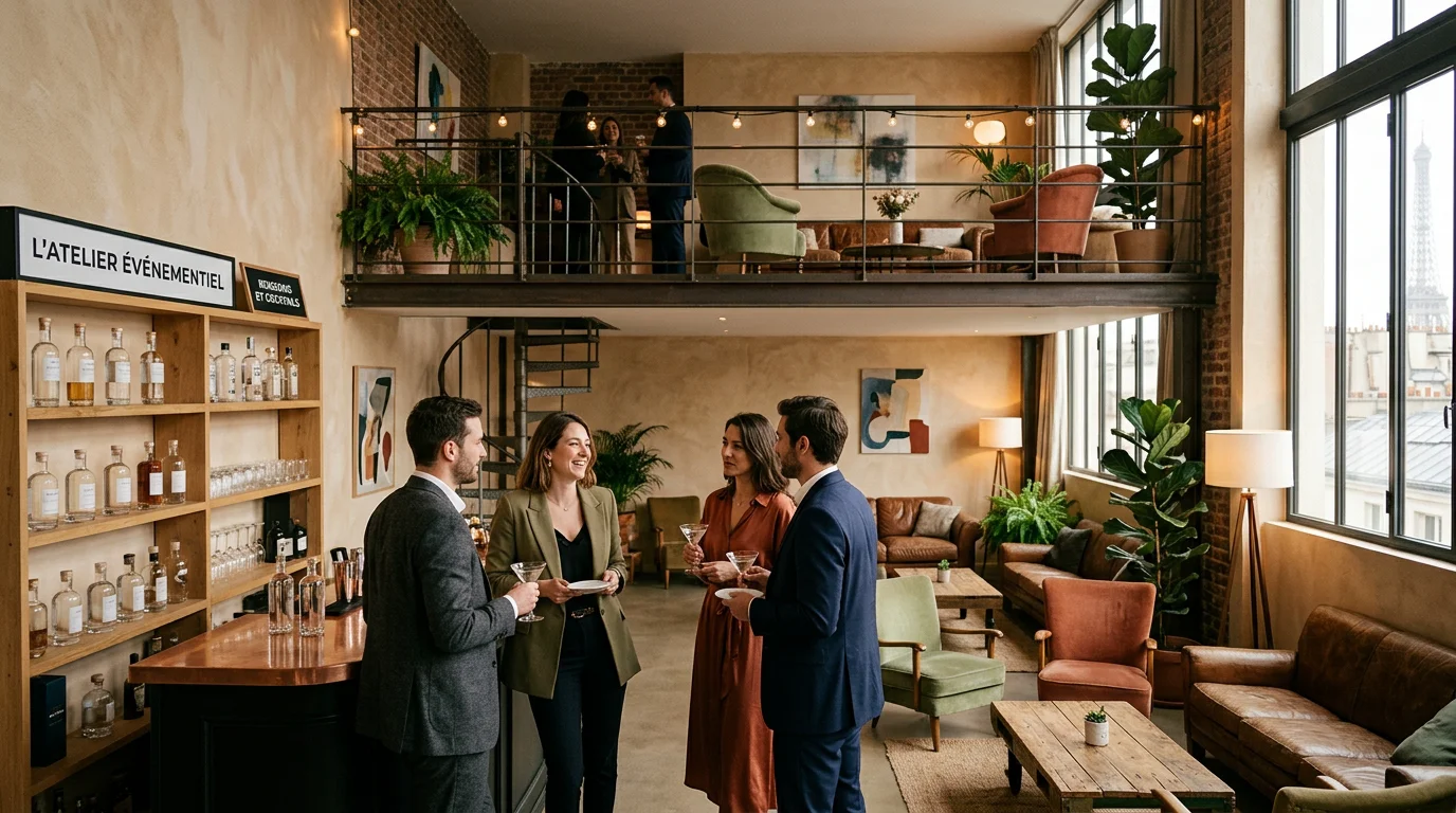 Loft événementiel parisien sur deux niveaux lors d'une soirée corporate
