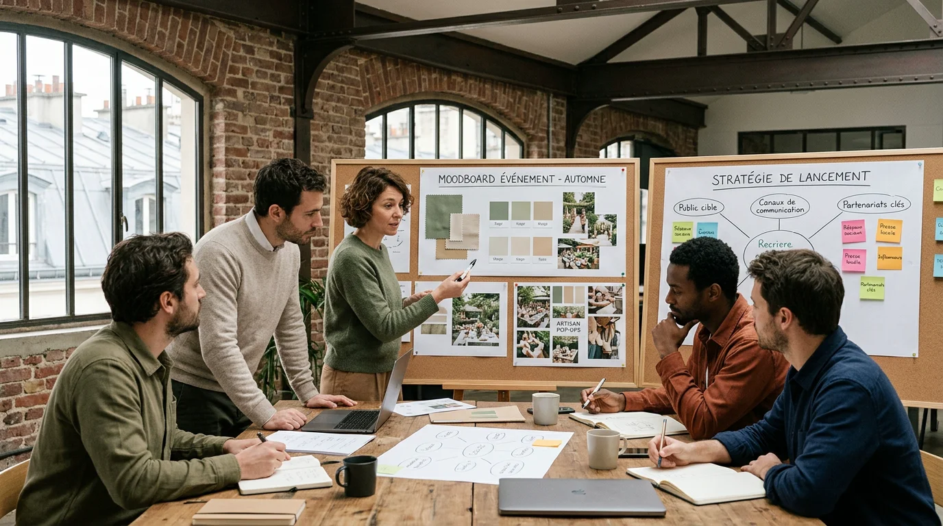 Équipe organisant un événement d'entreprise dans un espace parisien
