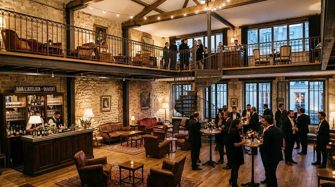 Salle d'événement design et immersive sur deux niveaux à Paris
