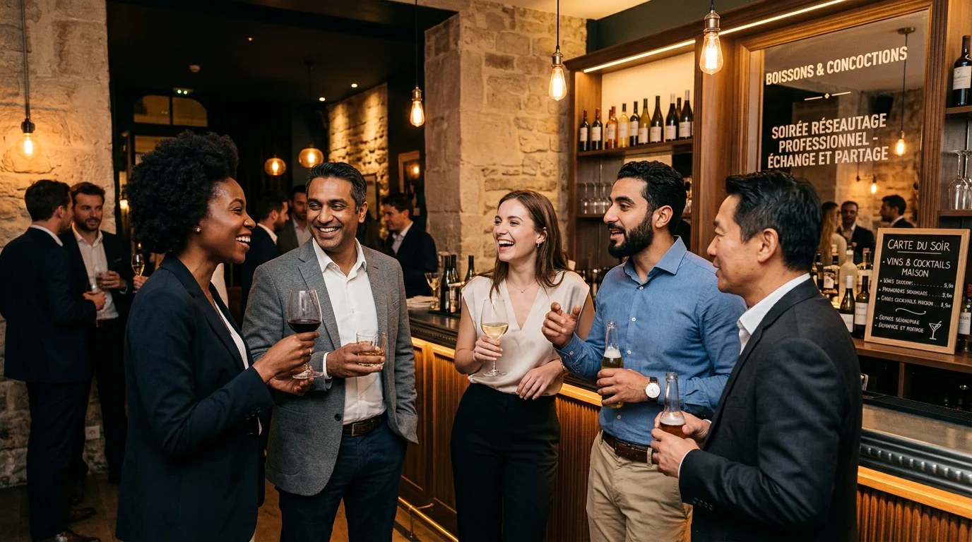 Professionnels lors d'un afterwork premium dans une salle à Paris