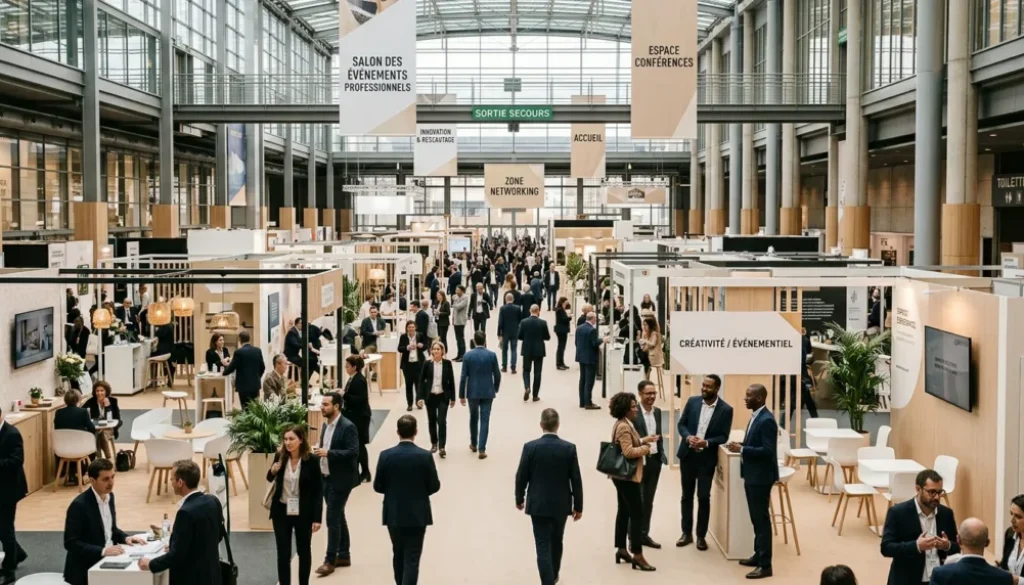 Vue d'ensemble d'un salon de l'événementiel à Paris avec ses stands et visiteurs professionnels