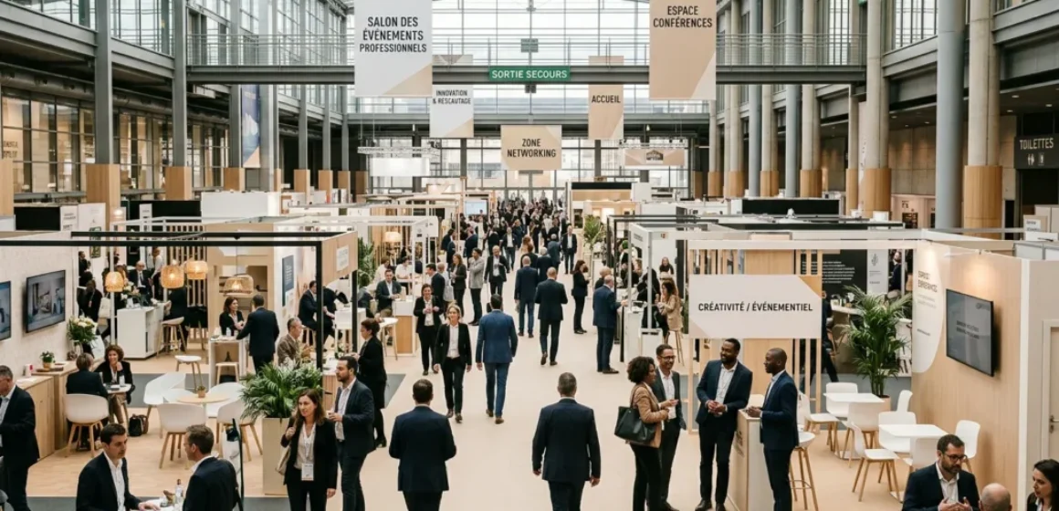 Vue d'ensemble d'un salon de l'événementiel à Paris avec ses stands et visiteurs professionnels