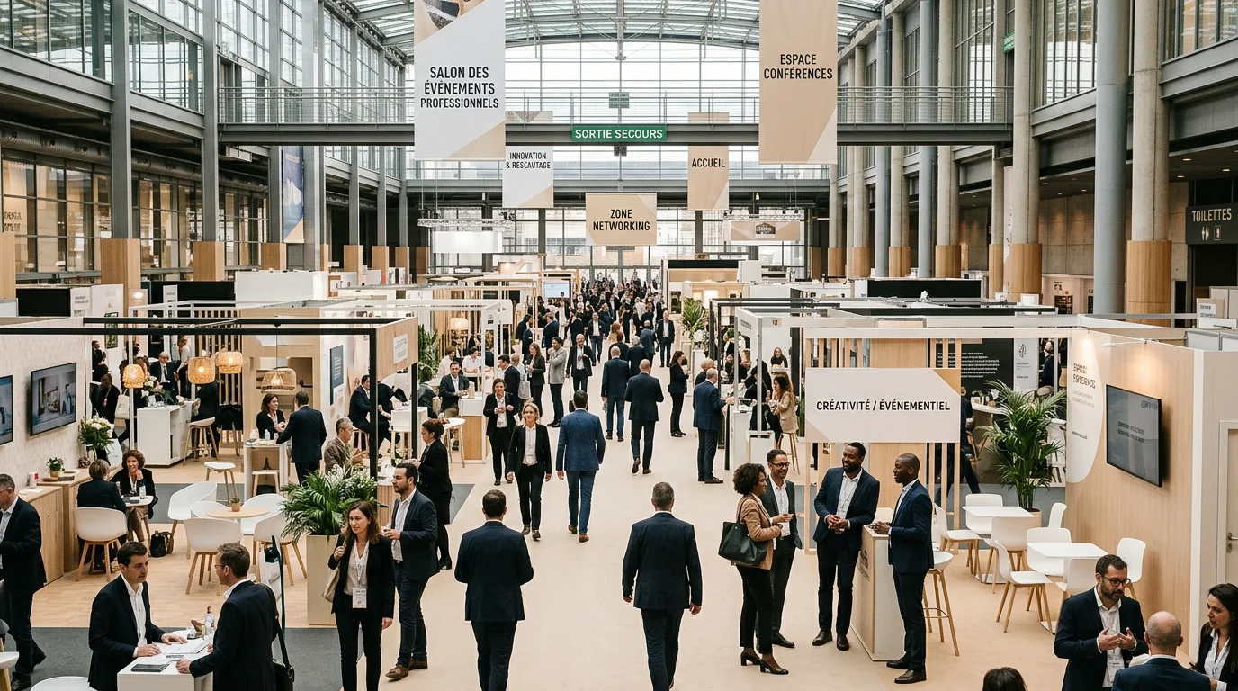Vue d'ensemble d'un salon de l'événementiel à Paris avec ses stands et visiteurs professionnels