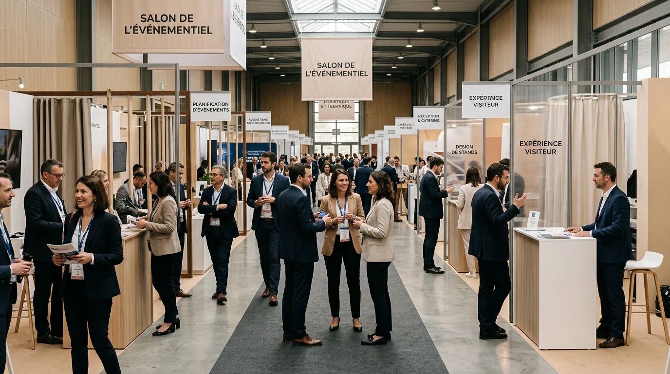 Visiteurs professionnels échangeant sur les stands d'un salon de l'événementiel à Paris