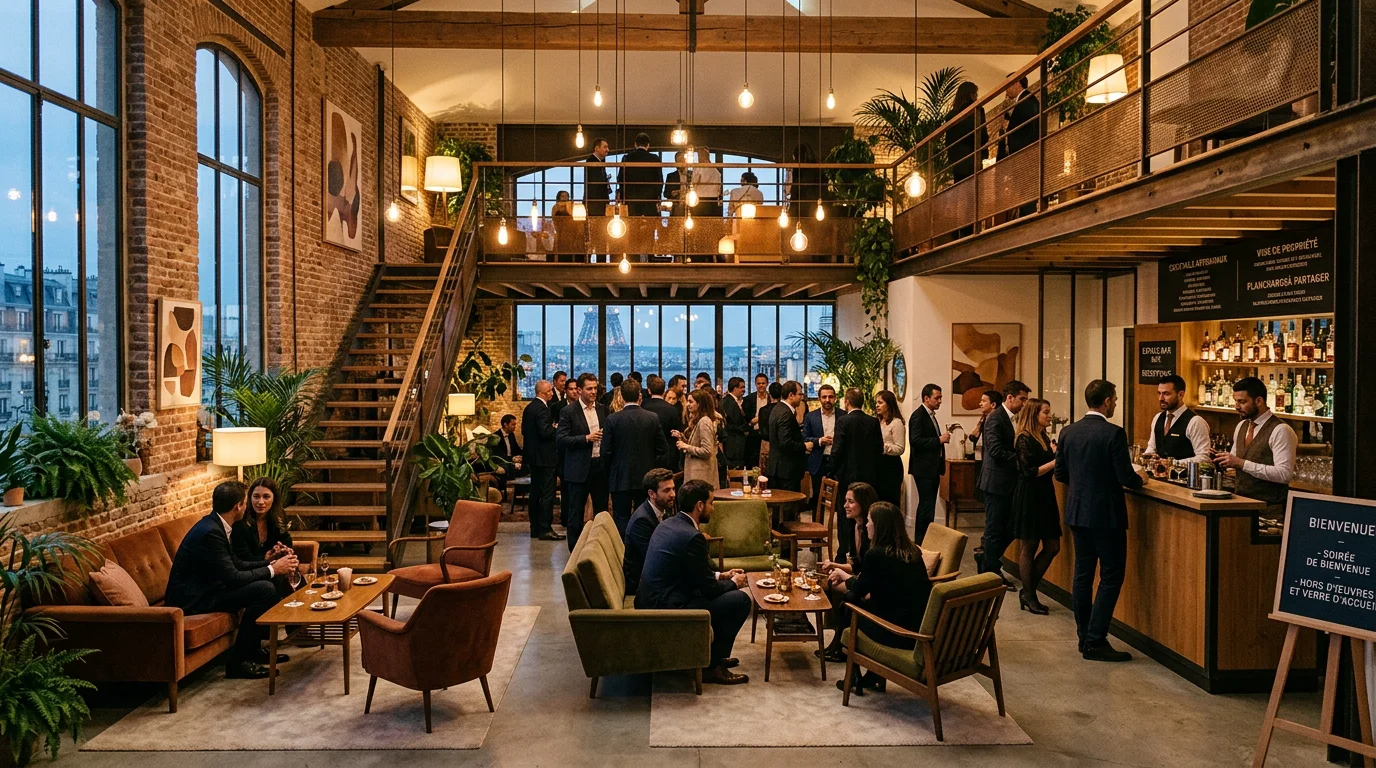 Loft événementiel design sur deux niveaux à Paris aménagé pour une soirée corporate