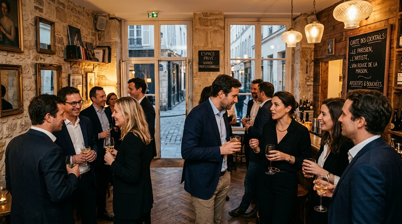 Professionnels lors d'un afterwork premium dans un lieu événementiel parisien