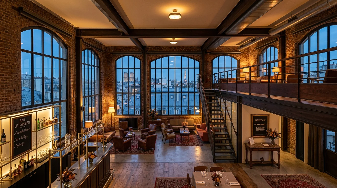 Loft événementiel immersif à Paris prêt pour une soirée d'entreprise