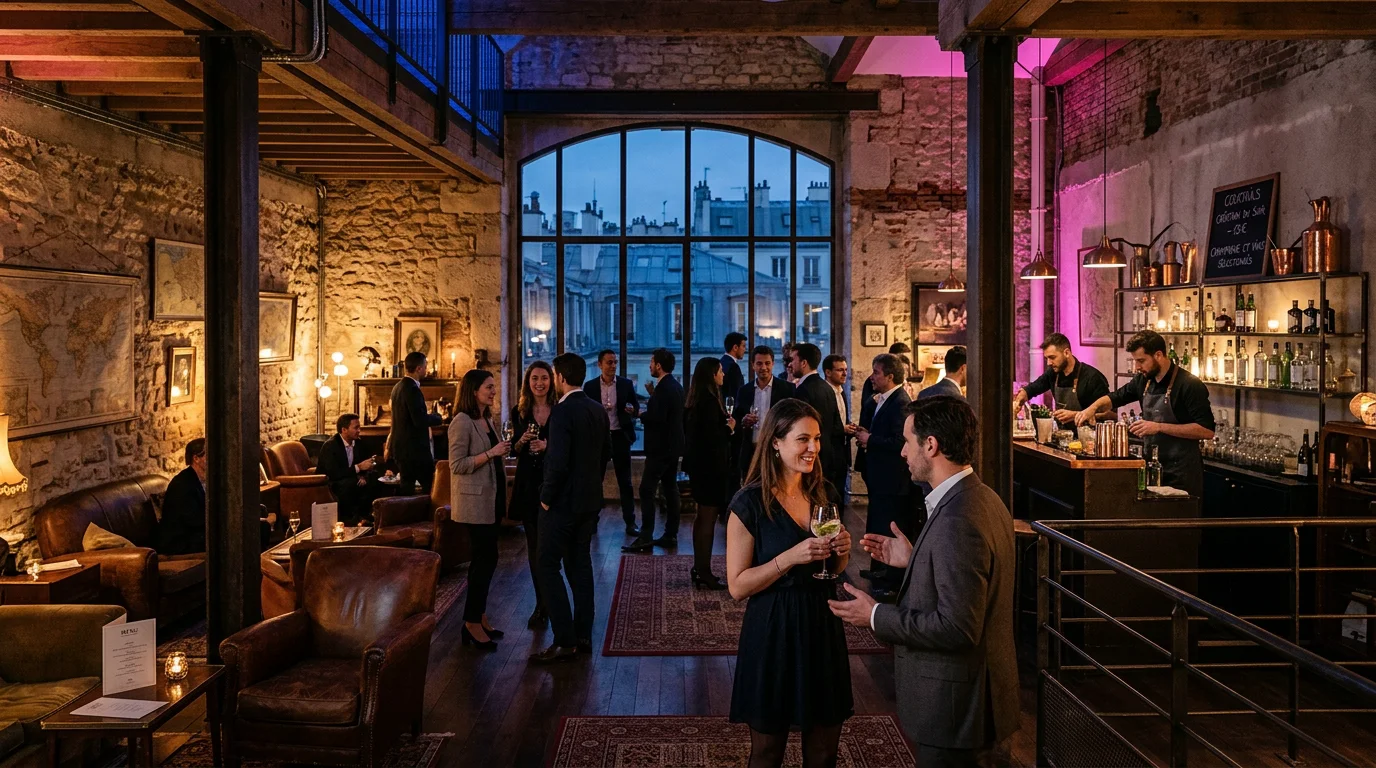 Soirée corporate dans un loft parisien immersif avec scénographie lumineuse