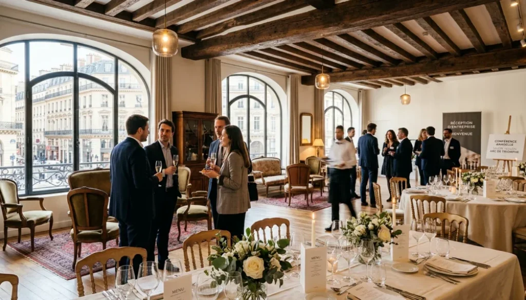 Salle de réception élégante dans un loft parisien prête pour un événement d'entreprise