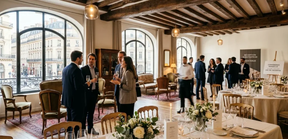 Salle de réception élégante dans un loft parisien prête pour un événement d'entreprise