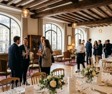 Salle de réception élégante dans un loft parisien prête pour un événement d'entreprise