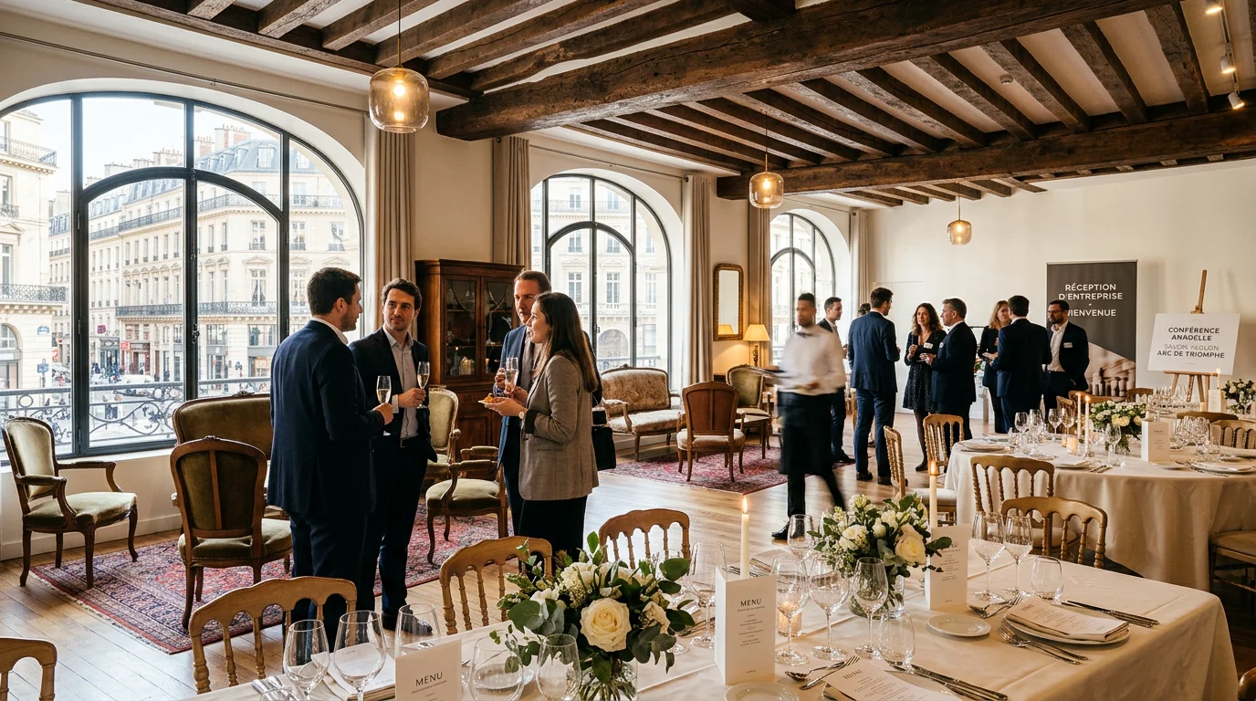 Salle de réception élégante dans un loft parisien prête pour un événement d'entreprise