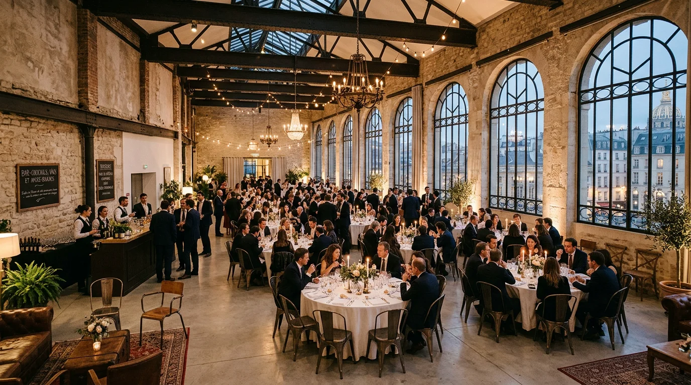Loft événementiel parisien aménagé pour une réception d'entreprise
