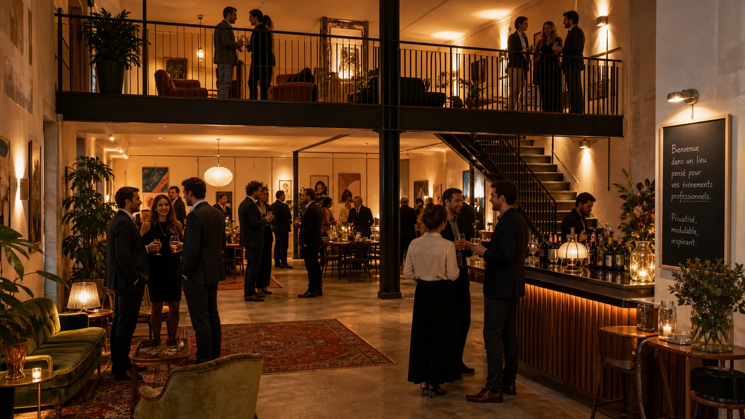 Soirée d'entreprise dans un loft design parisien sur deux niveaux