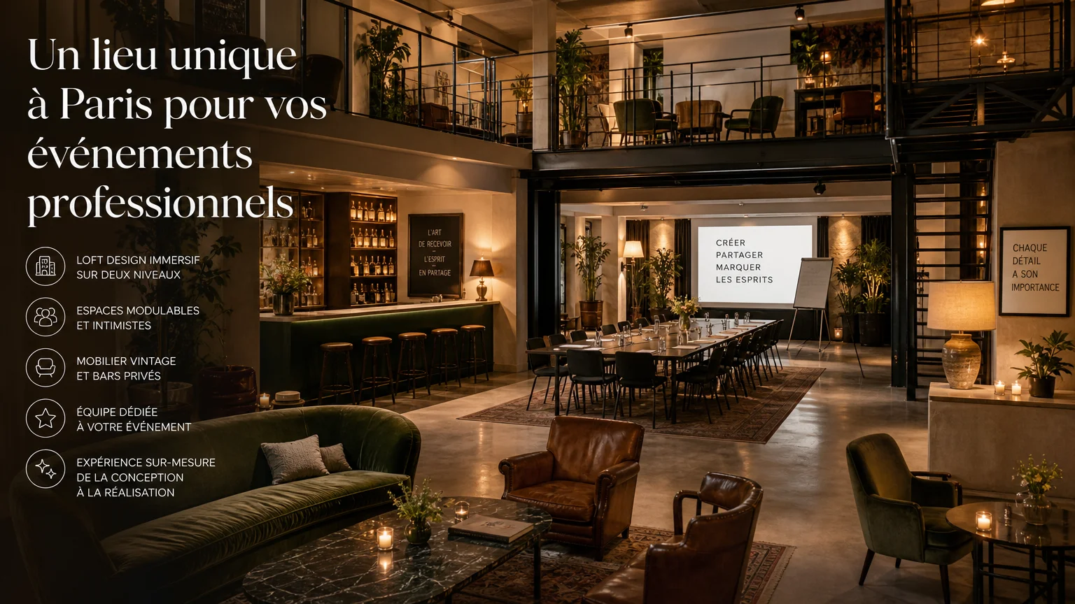 Loft événementiel design sur deux niveaux à Paris pour une réunion client
