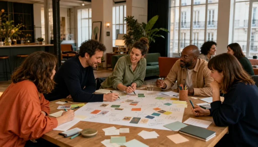 Équipe réunie autour d’une fresque collective pendant un séminaire
