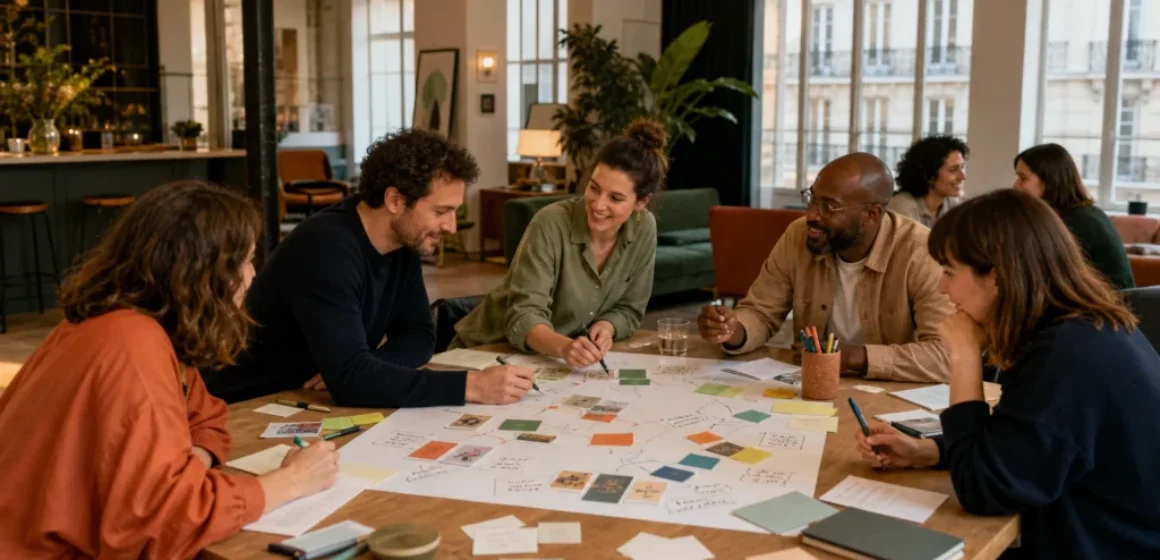 Équipe réunie autour d’une fresque collective pendant un séminaire