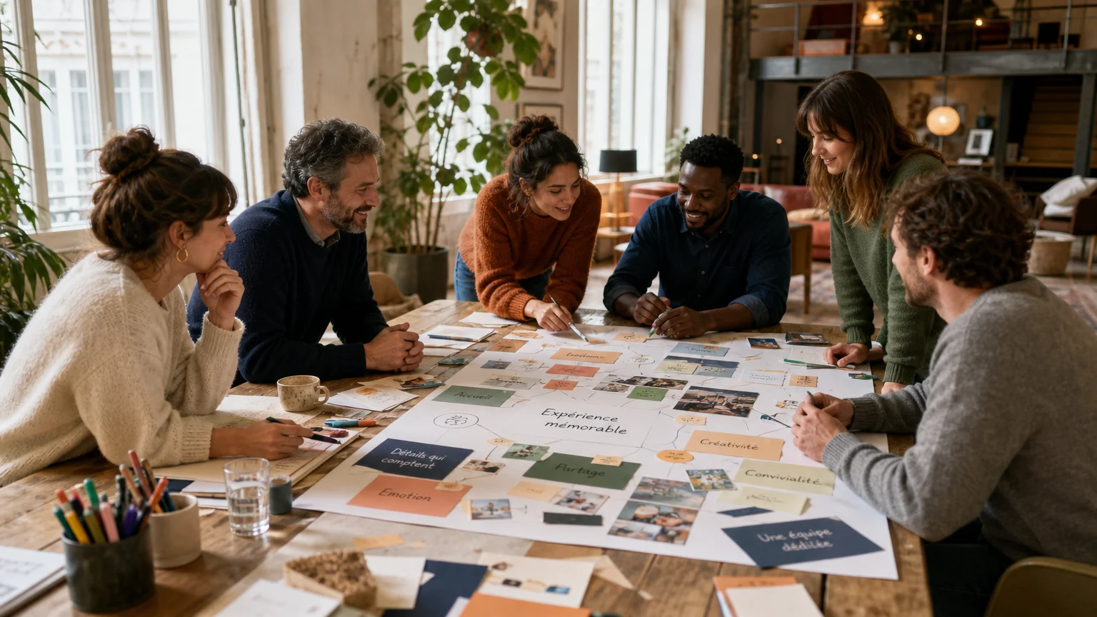 Équipe réunie autour d’une fresque collective pendant un séminaire