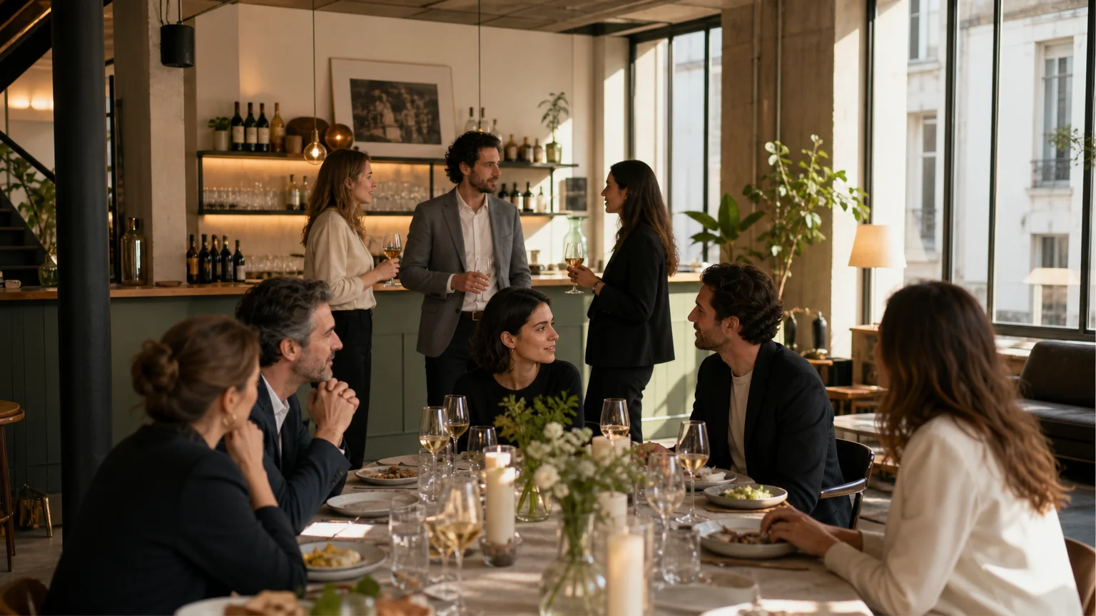 Invités échangeant autour d’un dîner professionnel dans un loft parisien
