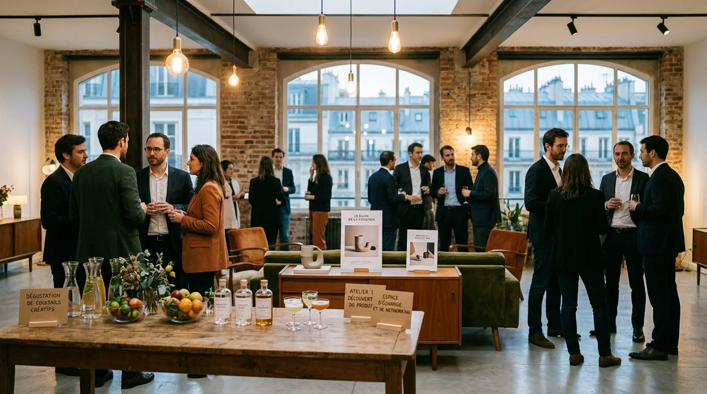 Lancement de produit dans un loft événementiel parisien lors d'un cocktail professionnel