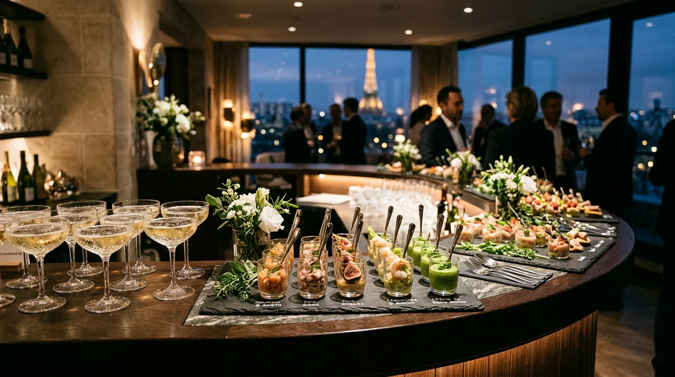 Cocktail dînatoire raffiné lors d'un lancement de produit à Paris