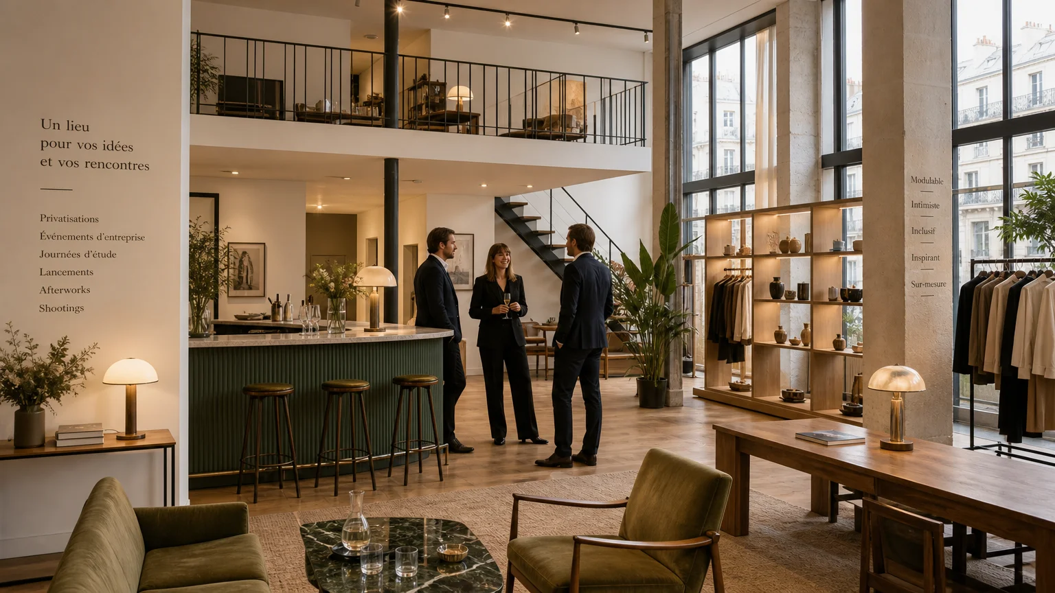Showroom parisien lumineux aménagé sur deux niveaux pour une journée de présentation