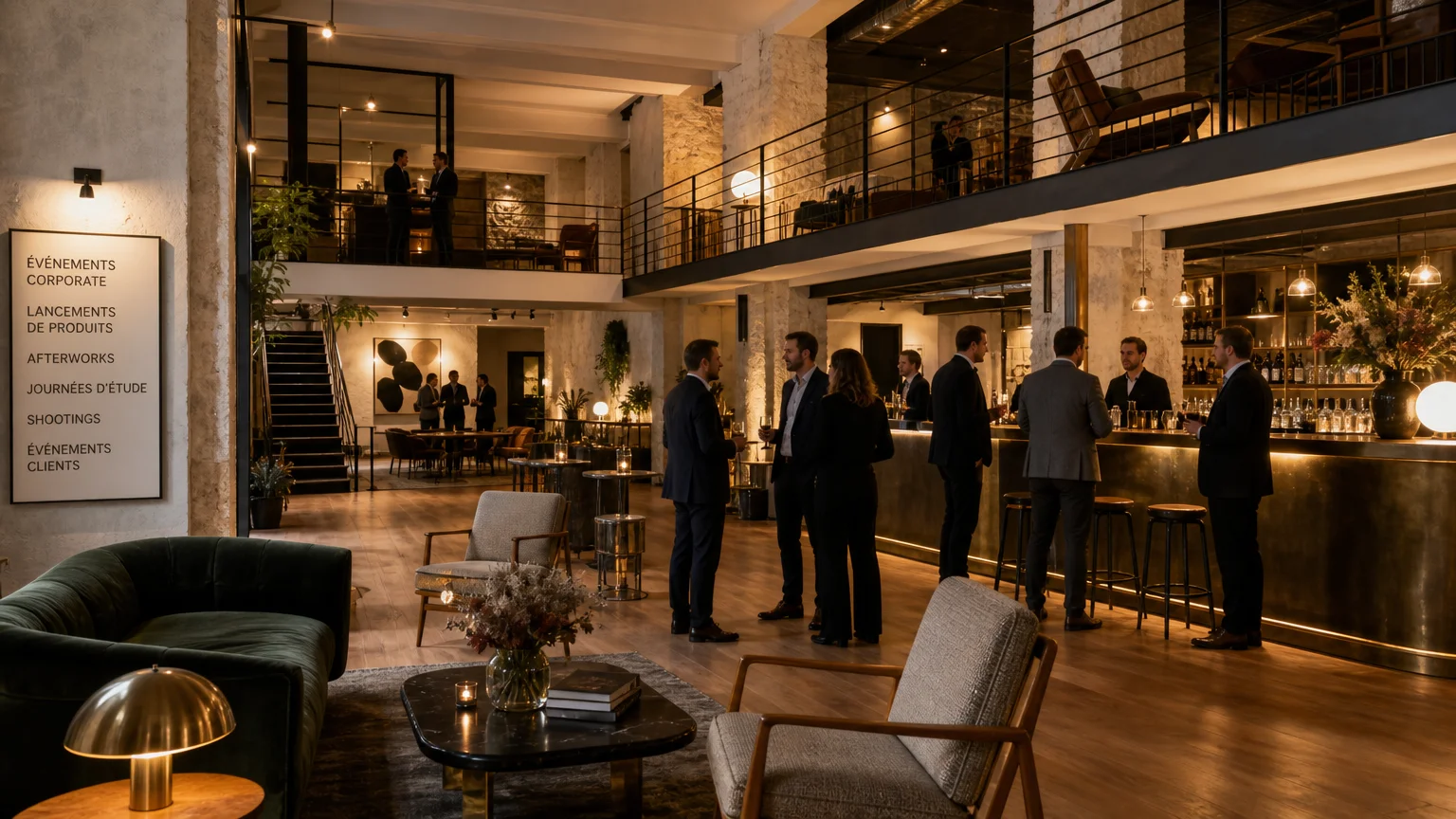 Loft événementiel design sur deux niveaux à Paris pour une soirée corporate