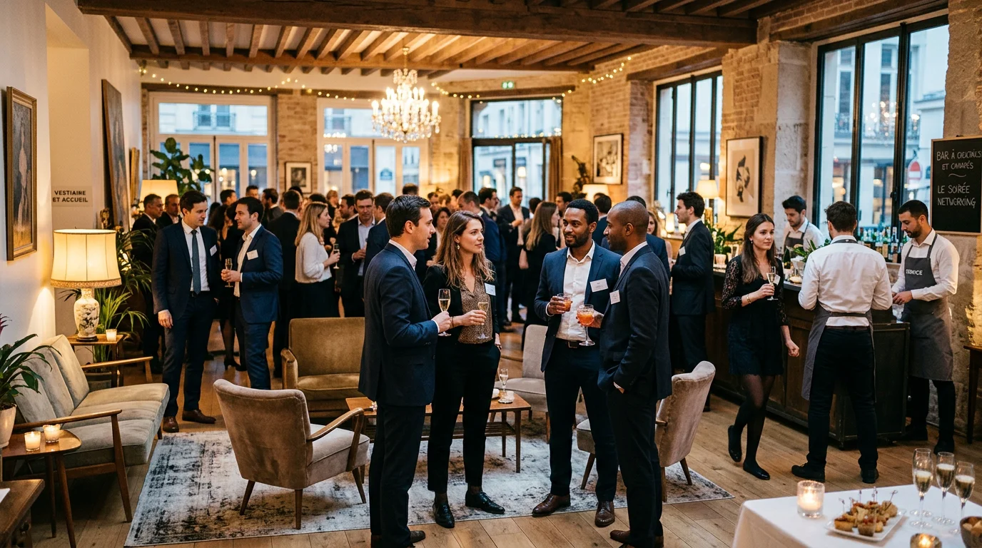 Soirée d'entreprise élégante dans un loft parisien avec collaborateurs et cocktails