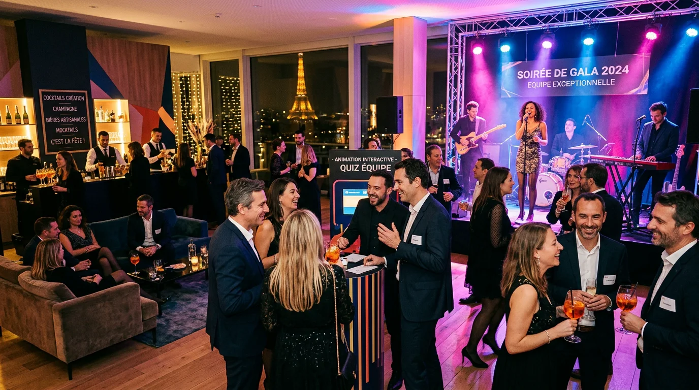 Soirée d'entreprise à thème avec animation live et décor festif à Paris
