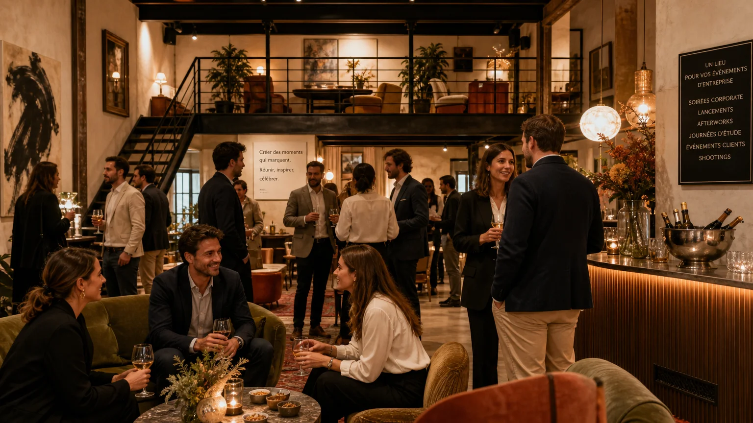 Collègues profitant d'une soirée corporate dans un loft design parisien