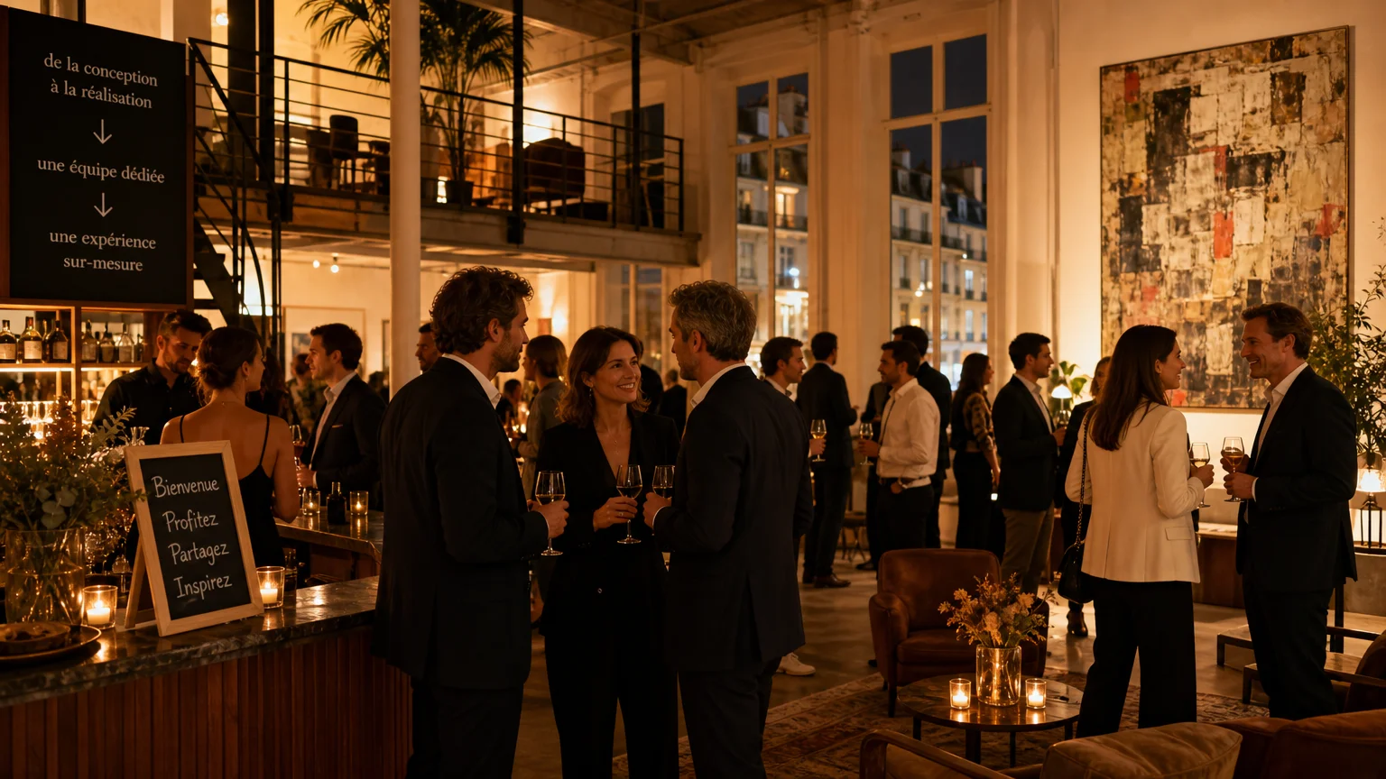 Cocktail dînatoire élégant dans un espace immersif parisien