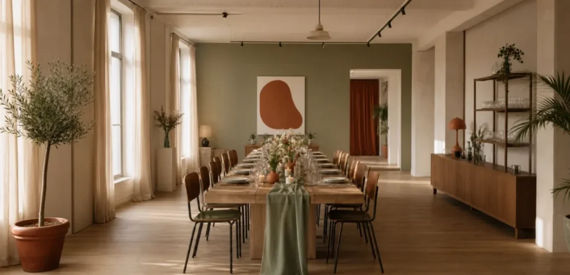 Petite salle élégante préparée pour une réception privée