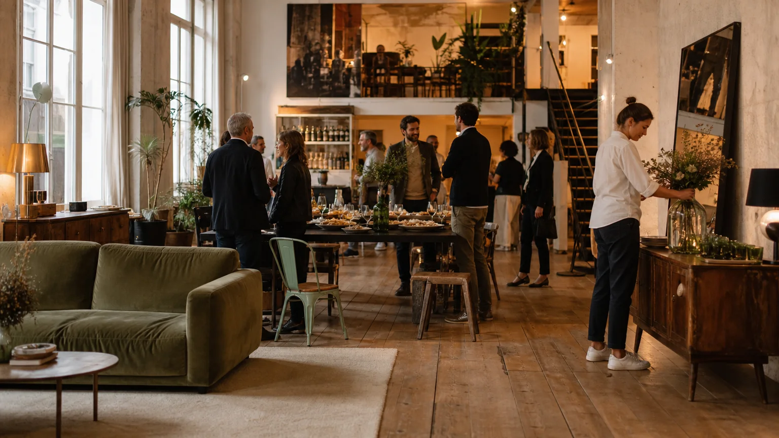 Réception intimiste dans un loft parisien aménagé pour des invités