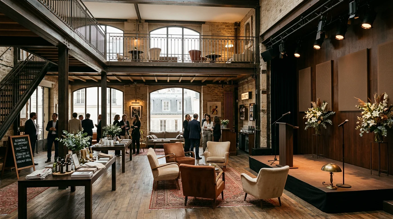 Loft événementiel parisien préparé pour un lancement de produit