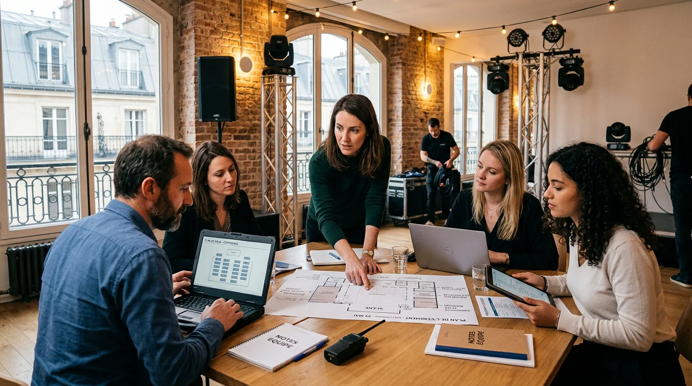 Équipe événementielle vérifiant le plan technique d'une salle à Paris
