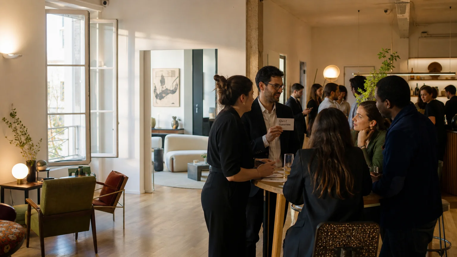 Invités participant à une animation interactive dans un loft parisien