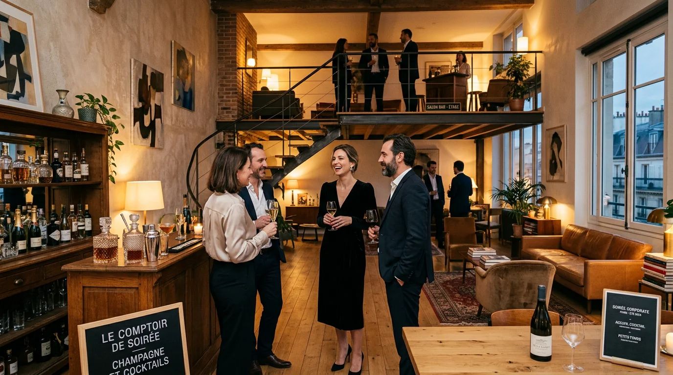 Loft design immersif parisien accueillant une soirée d'entreprise
