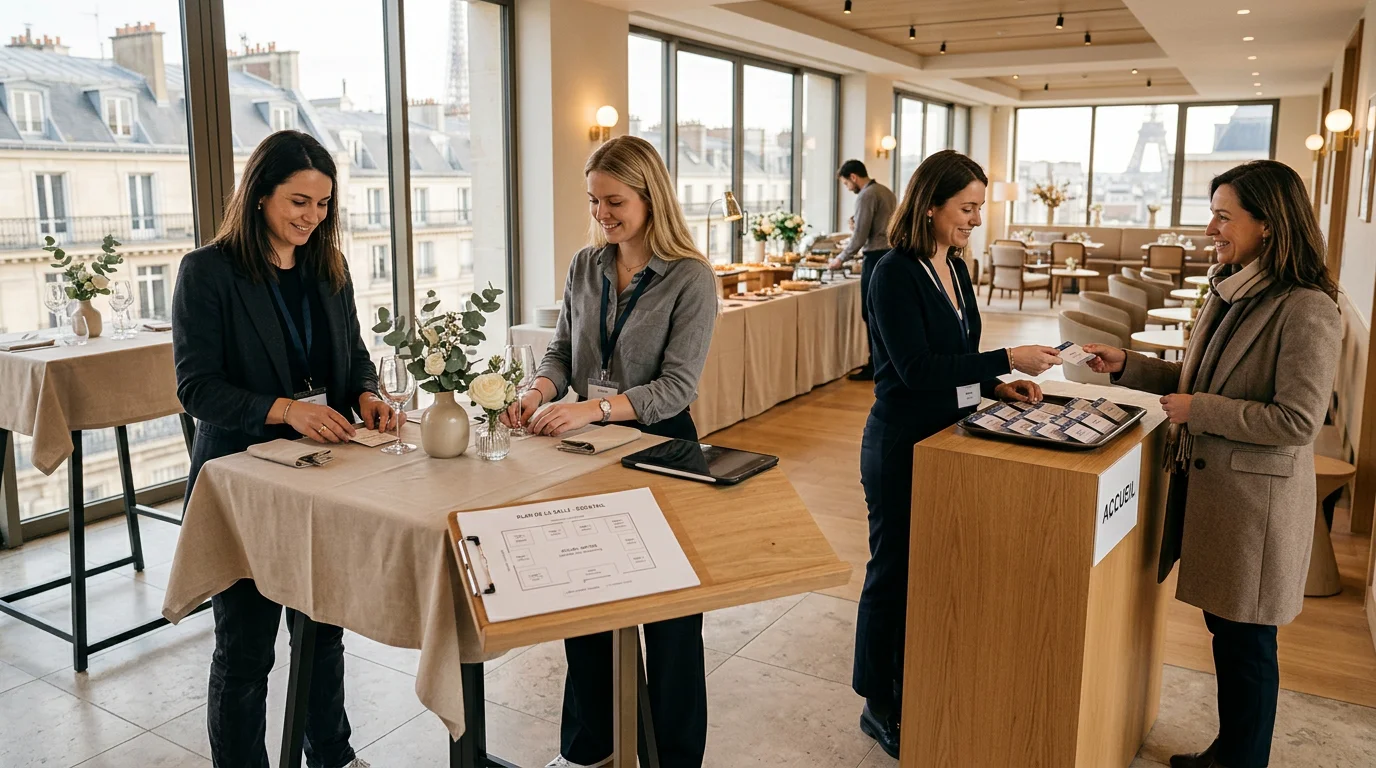 Équipe préparant l'accueil des invités d'un événement corporate à Paris