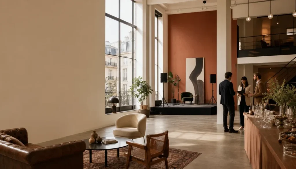 Loft parisien lumineux préparé pour un événement professionnel