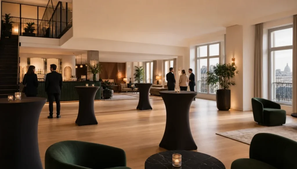 Salle de réception contemporaine à Paris préparée pour un événement professionnel
