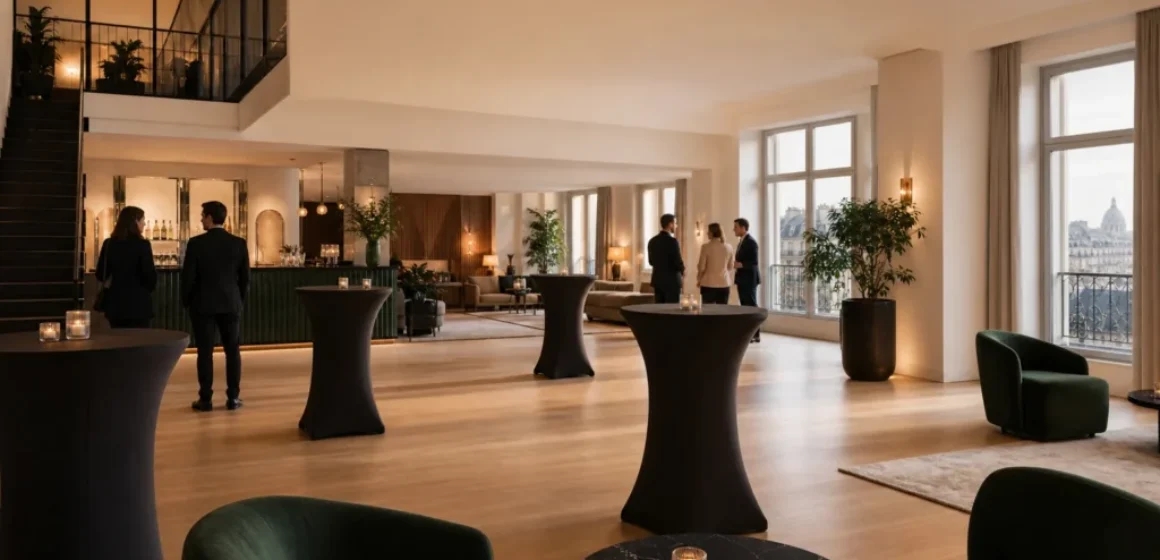 Salle de réception contemporaine à Paris préparée pour un événement professionnel