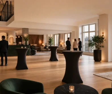Salle de réception contemporaine à Paris préparée pour un événement professionnel