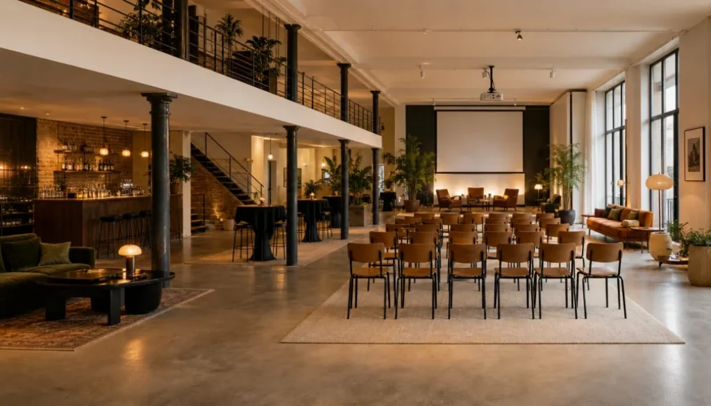 Loft événementiel parisien prêt à accueillir une réception professionnelle