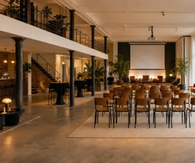Loft événementiel parisien prêt à accueillir une réception professionnelle