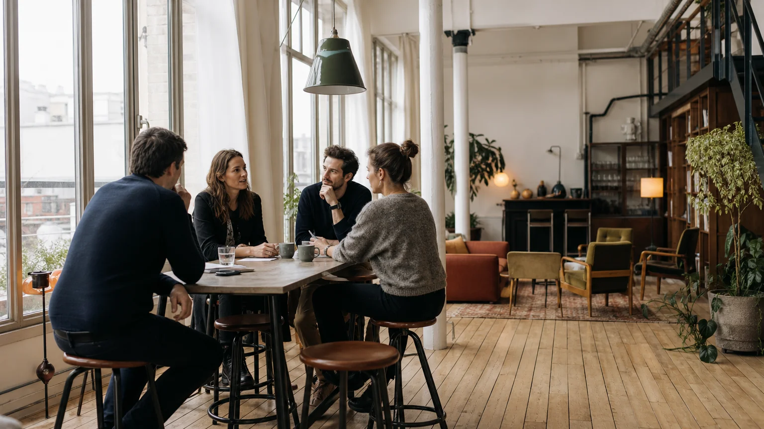 Équipe réunie dans un loft parisien pour un séminaire professionnel