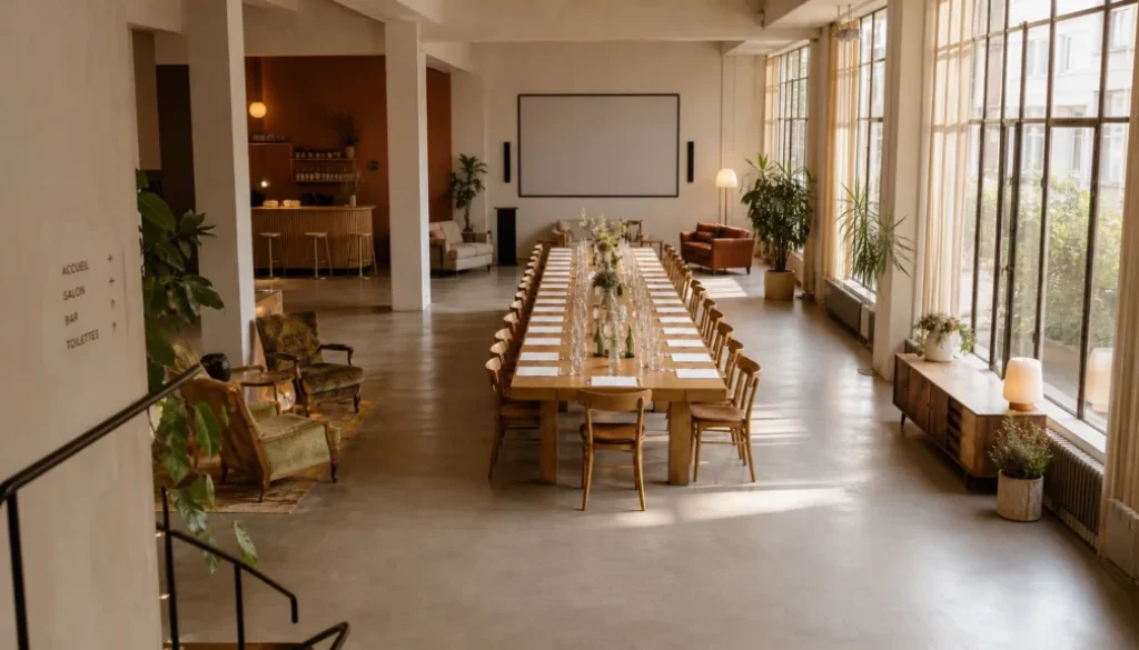 Loft parisien préparé pour un événement professionnel