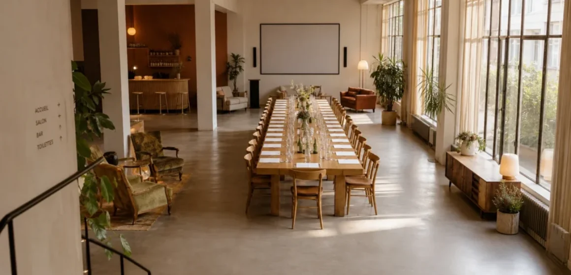 Loft parisien préparé pour un événement professionnel