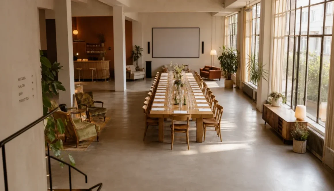 Loft parisien préparé pour un événement professionnel