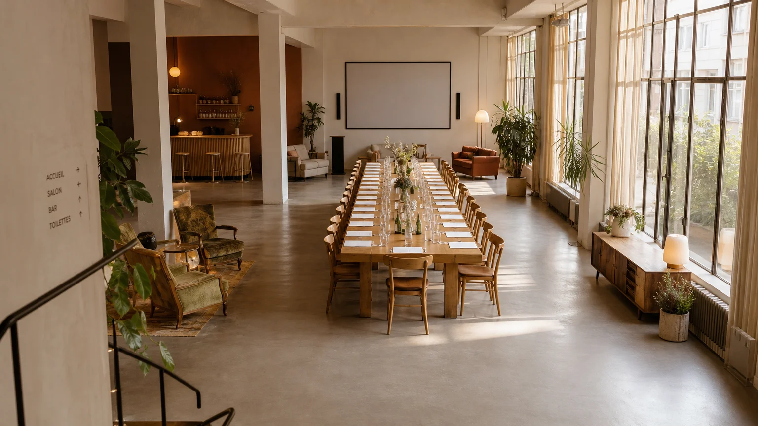 Loft parisien préparé pour un événement professionnel