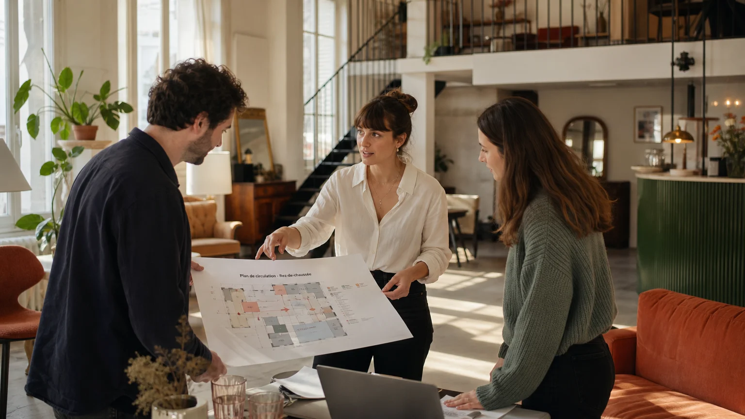 Équipe préparant la configuration d’un événement professionnel dans un loft parisien